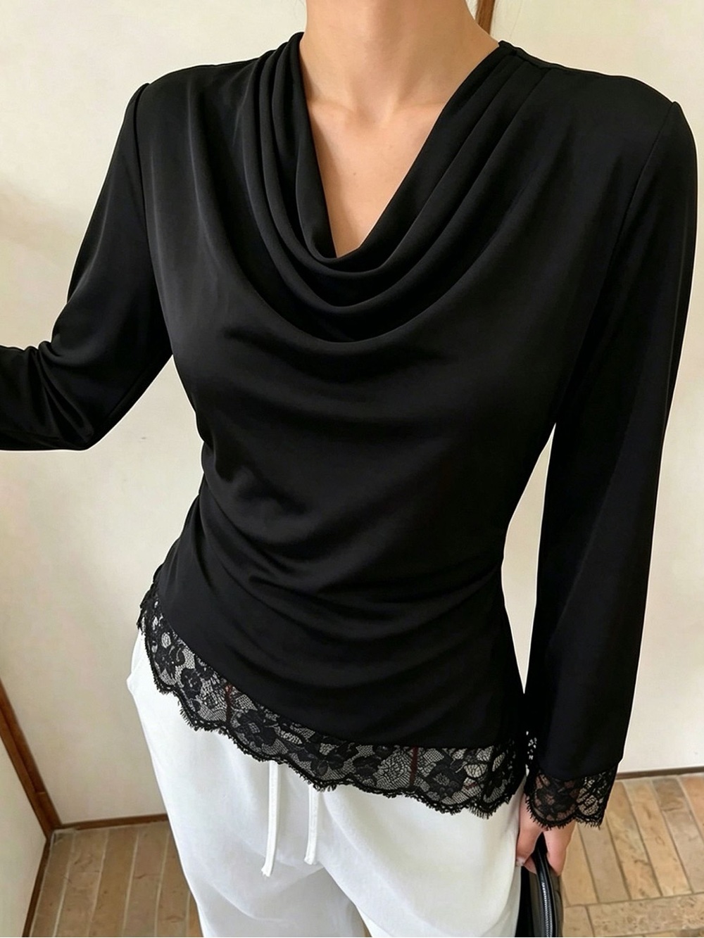 🍯 Lace Trim Cowl Neck Long Sleeve Top Blouse